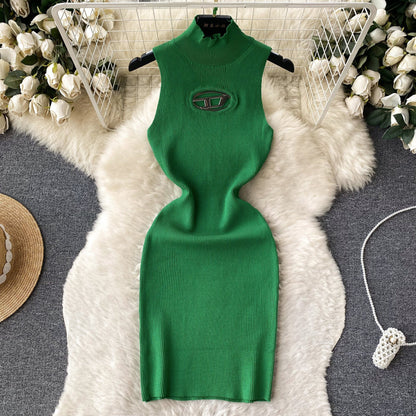 Open-Knit Semi-Turtleneck Bodycon Dress