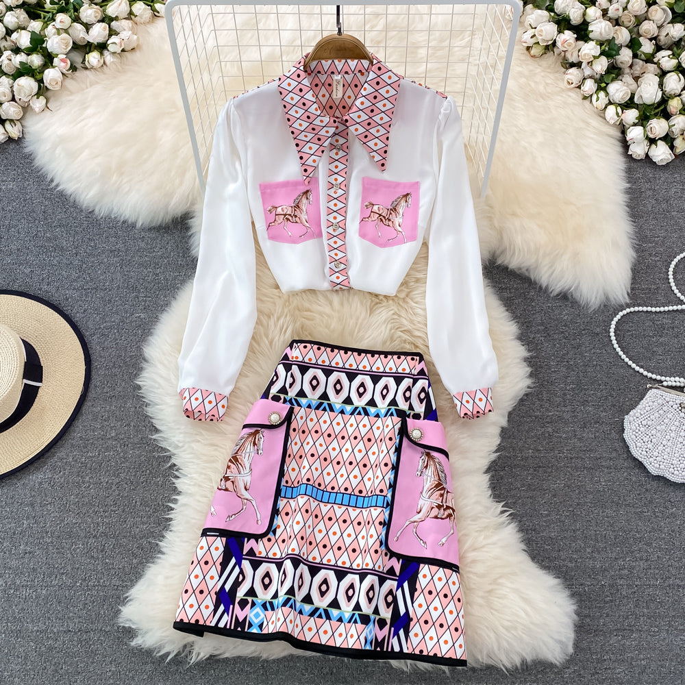 Printed Shirt & High Waist Skirt Two Piece Set