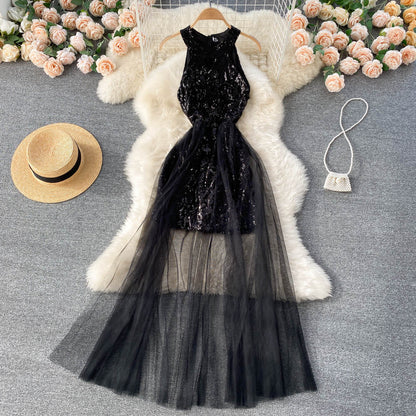 Off-the-shoulder Sequined Mesh Dress