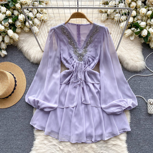 Beaded V-Neck Chiffon Evening Dress