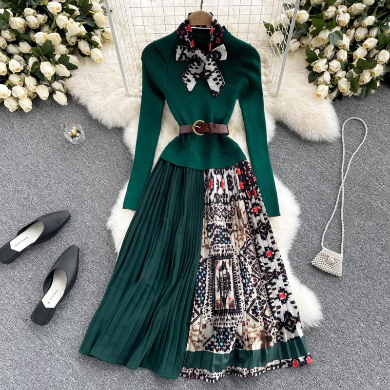 Knitted Long-sleeved Fake Two-piece Dress