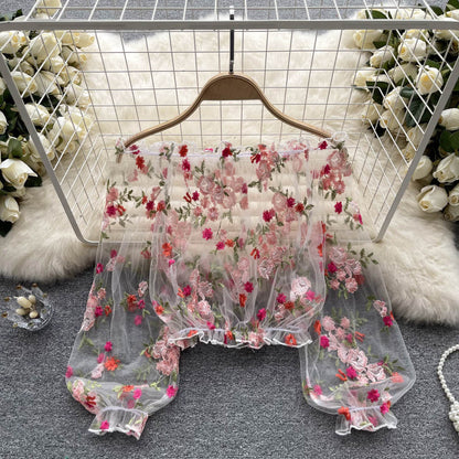 Delicate Floral Embroidery Neckline Blouse