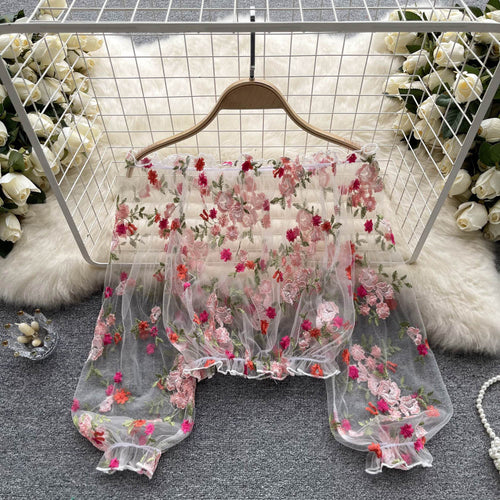 Delicate Floral Embroidery Neckline Blouse