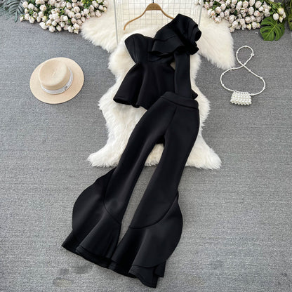 Asymmetrical Ruffle One-Shoulder Top & Palazzo Pants Set