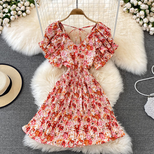 Fairy Ruffle Sleeve Floral Pleated Dress