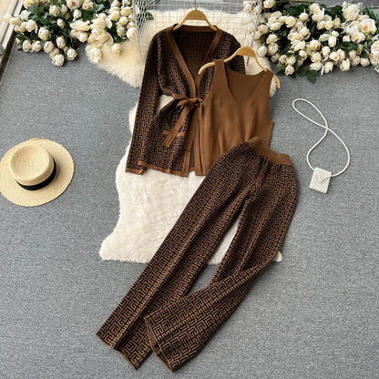 Printed Cardigan&Bottom Vest&Wide-leg Trousers
