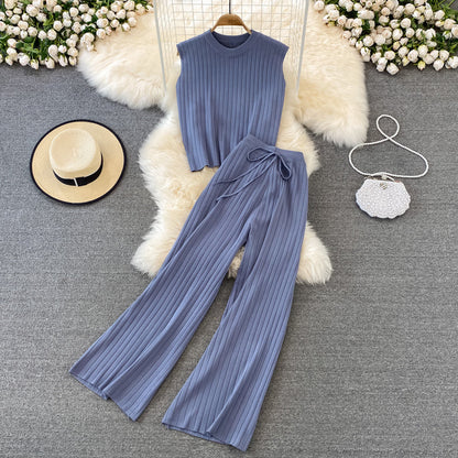 Knit Sleeveless Top Wide Leg Pants Two Piece Set
