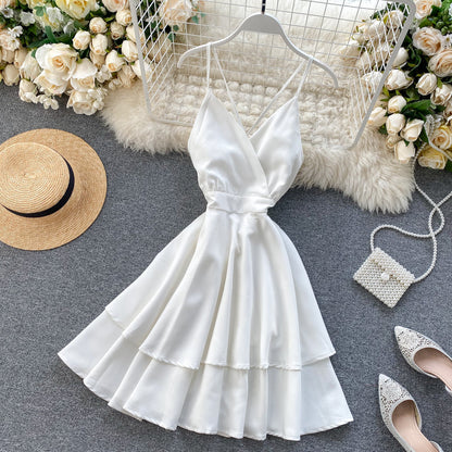 V-neck Halter Double-layer Ruffle Dress