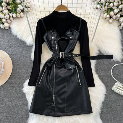 PU Slip Dress&Black Sweater 2Pcs