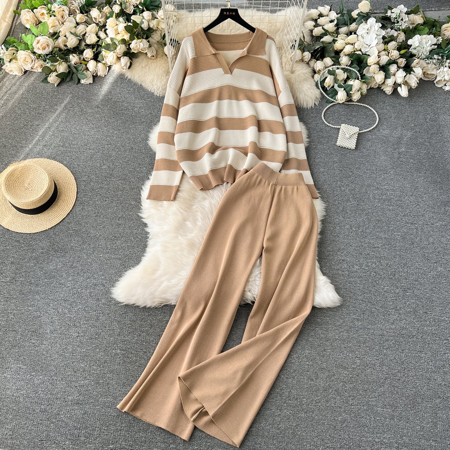 Striped Sweater&Wide-leg Pants 2Pcs
