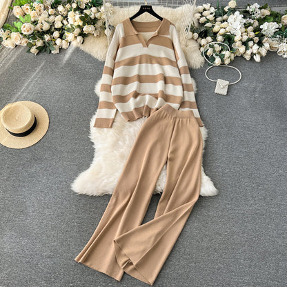 Striped Sweater&Wide-leg Pants 2Pcs