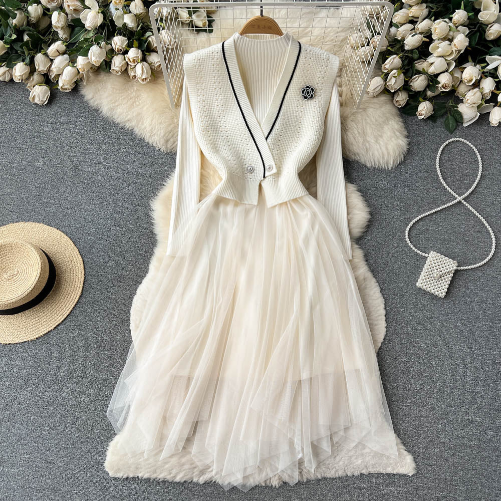 Knitted Mesh Dress&V-neck Cardigan 2Pcs