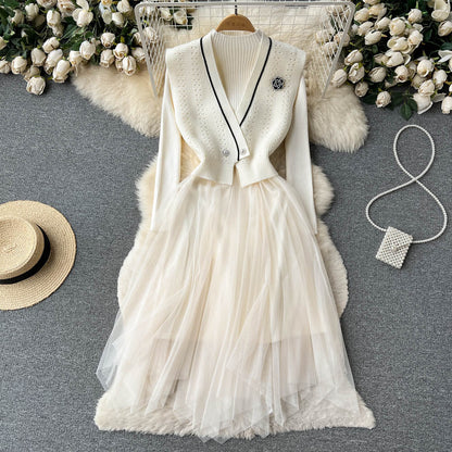 Knitted Mesh Dress&V-neck Cardigan 2Pcs