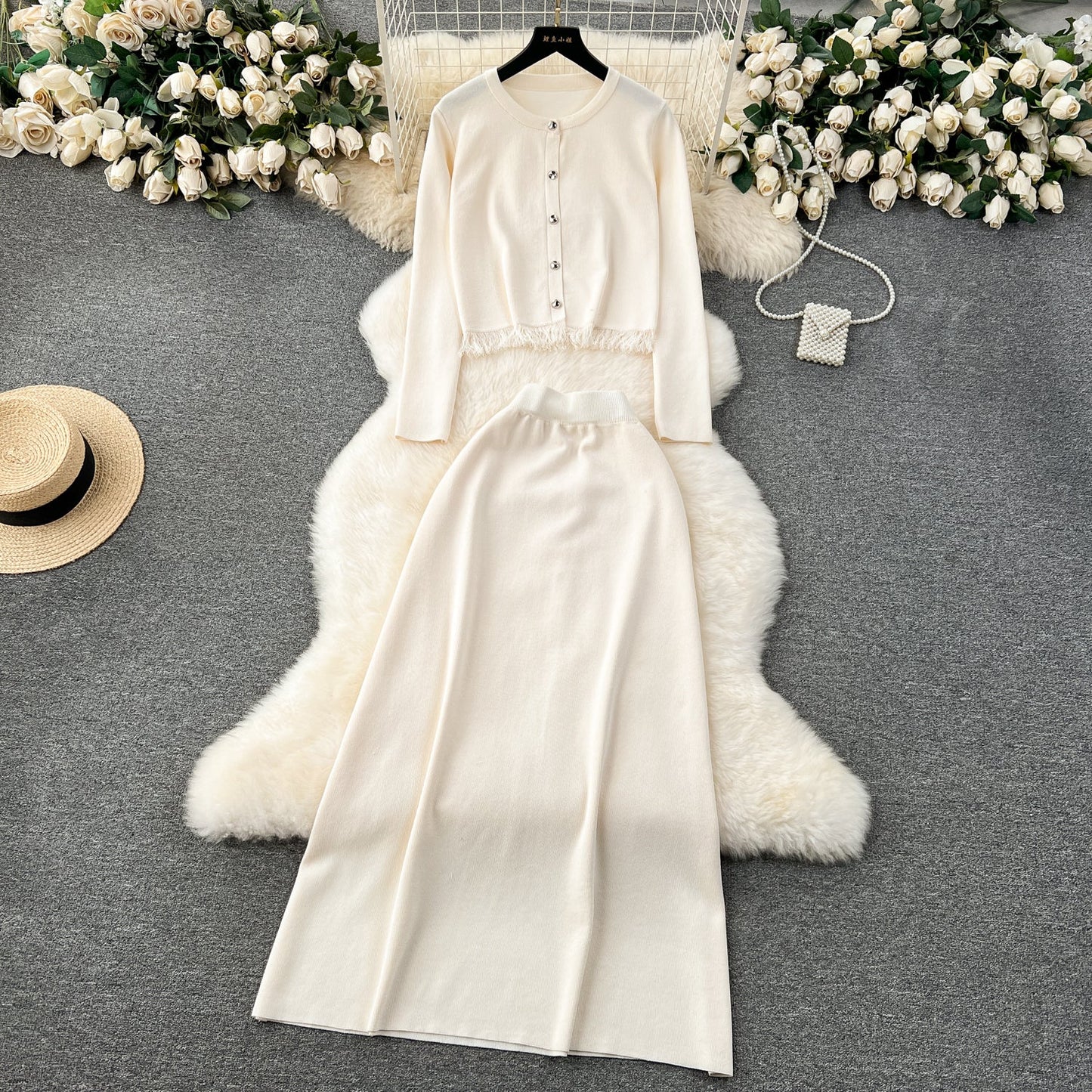 Cardigan&Half-body Skirt Fringed Knit 2Pcs