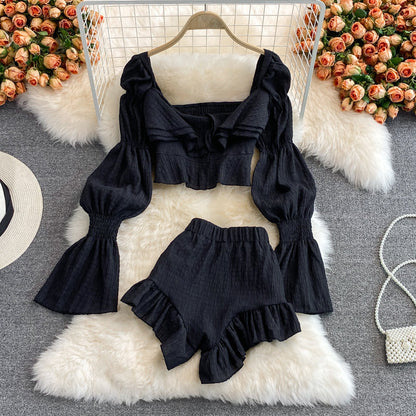 Square Collar Shirt&Shorts 2Pcs Set