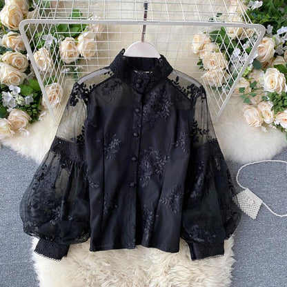 Mesh Lace Embroidered Puff Sleeve Shirt