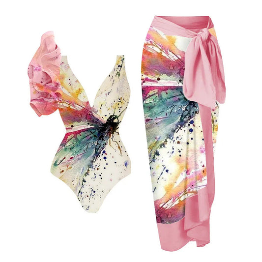 Ruffled Printed One-piece Swimwear&Skirt 2Pcs