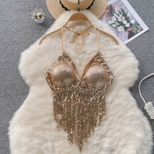 Disco Sequin Halter Vest with Long Tassels