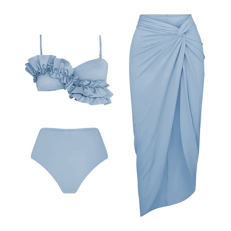 Ruffled Solid Color Tankini&Wrap Skirt 2Pcs