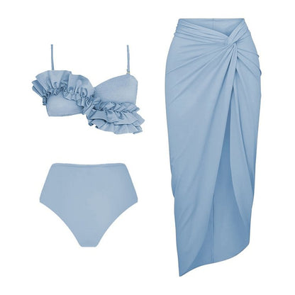 Ruffled Solid Color Tankini&Wrap Skirt 2Pcs