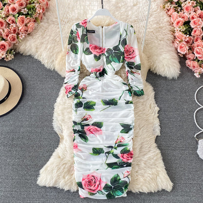 Square Neck Printed Mesh Dress