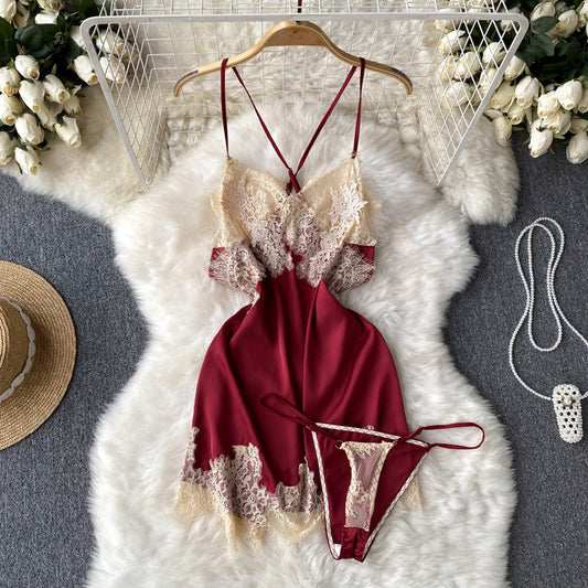 Robe nuisette sexy en dentelle à col en V