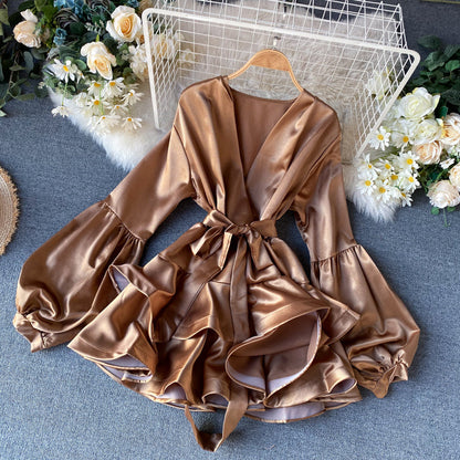 Satin Lantern Sleeve Ruffle Dress
