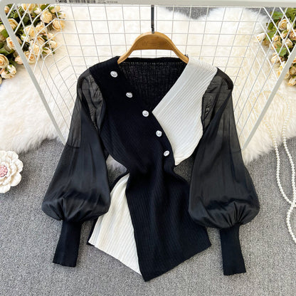 Color Blocking V-neck Patchwork Knitwear