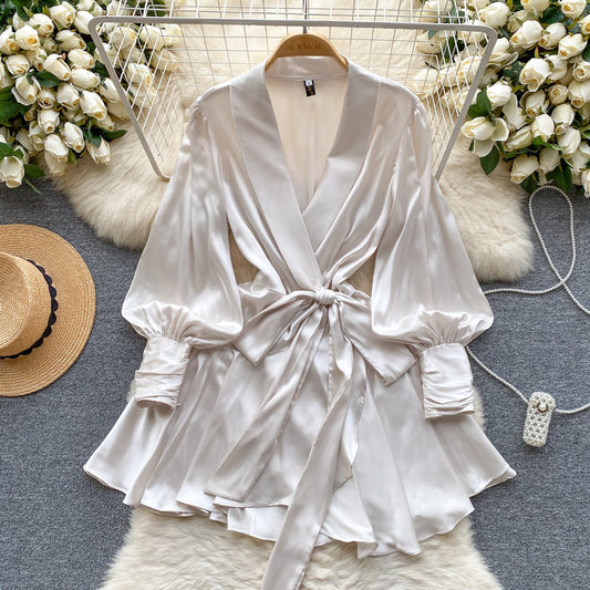 French Style V-neck Satin Wrap Dress