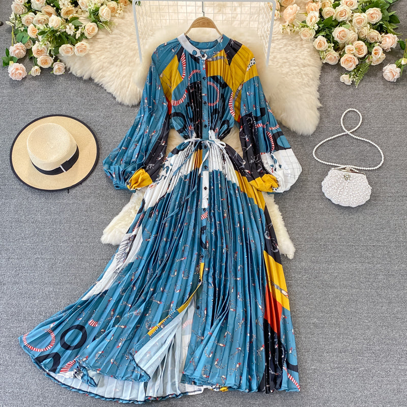 Round Collar Floral Printed Satin Dress