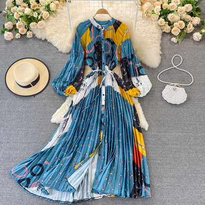 Round Collar Floral Printed Satin Dress
