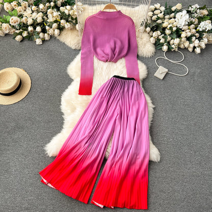 Pleated Knitwear&Wide-leg Trousers Printed 2Pcs