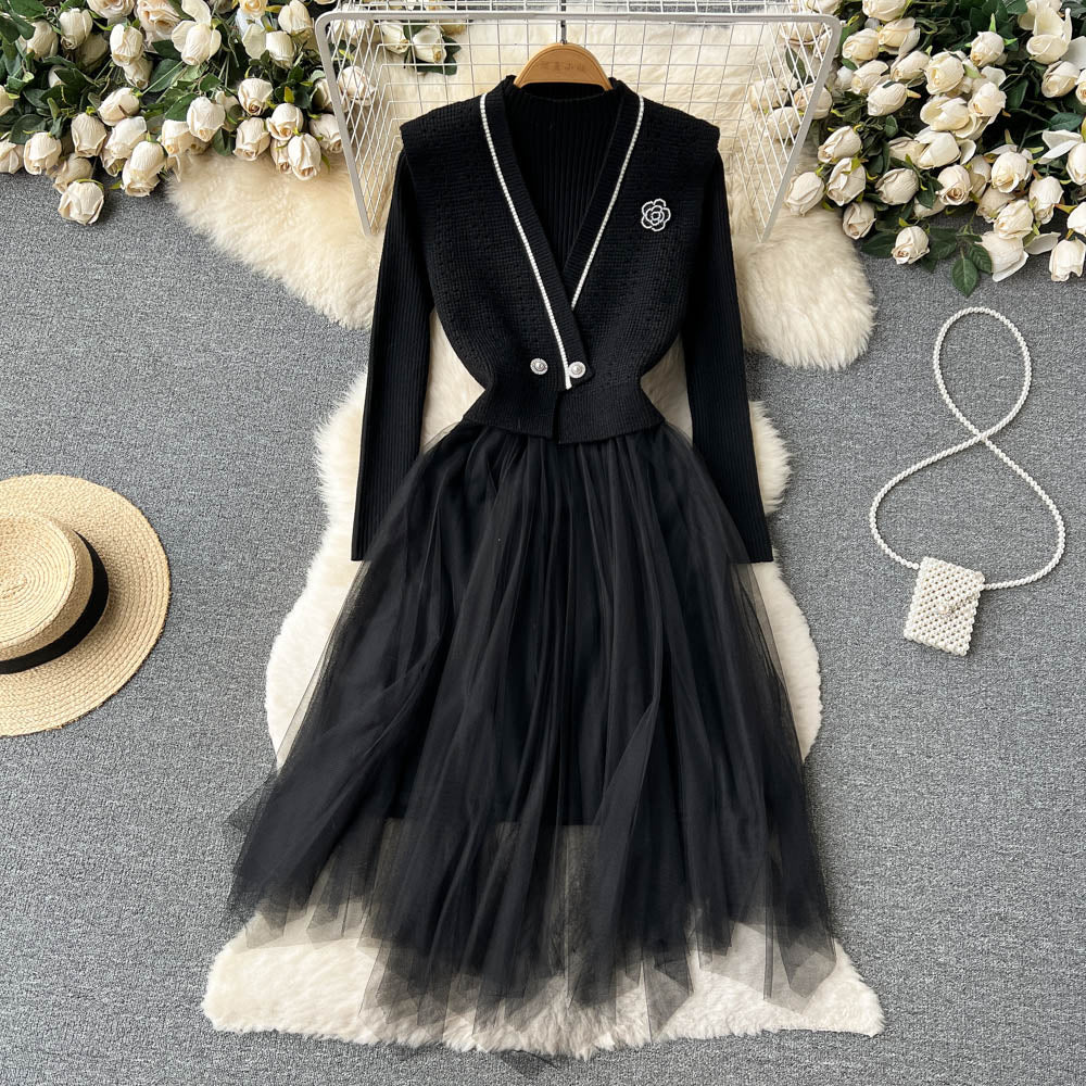 Knitted Mesh Dress&V-neck Cardigan 2Pcs