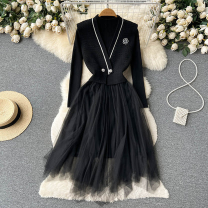 Knitted Mesh Dress&V-neck Cardigan 2Pcs
