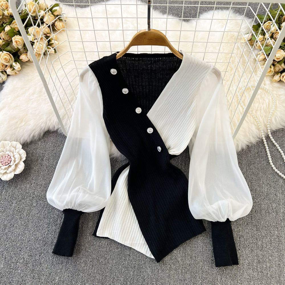 Color Blocking V-neck Patchwork Knitwear