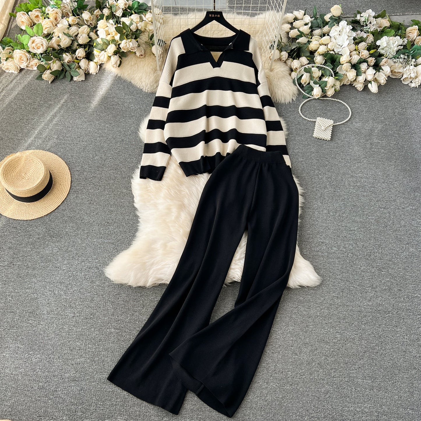 Striped Sweater&Wide-leg Pants 2Pcs