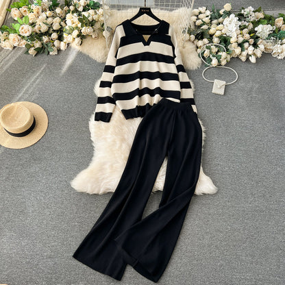 Striped Sweater&Wide-leg Pants 2Pcs
