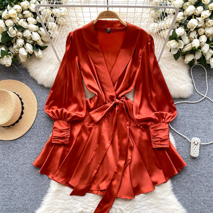 Shawl Collar Satin Wrap Dress