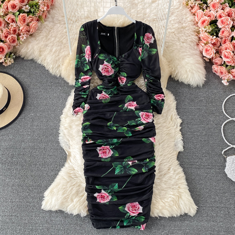 Square Neck Printed Mesh Dress