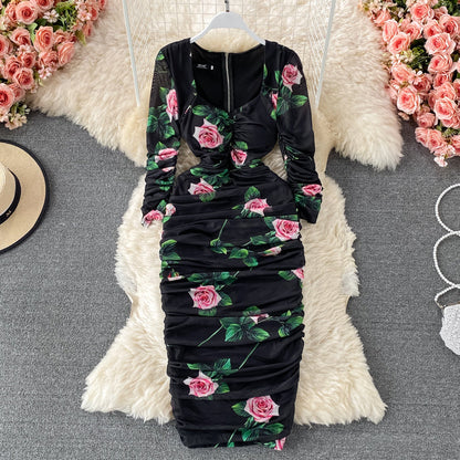 Square Neck Printed Mesh Dress