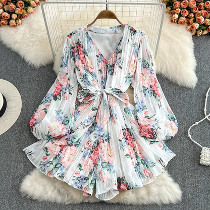 Neck Waist Print V-Neck Pleated Jumpsuit