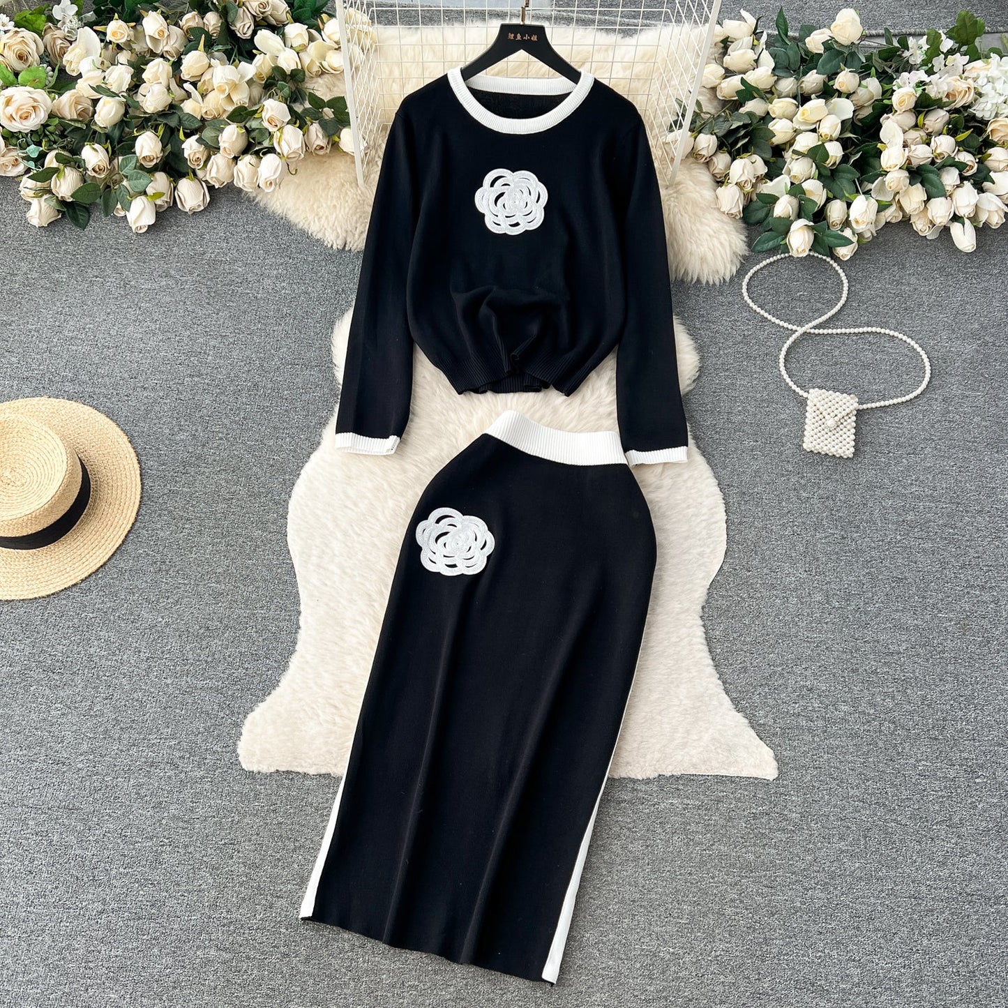 Round Collar Sweater&Skirt Knitted 2Pcs