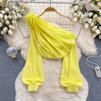 One-shoulder 3d Floral Chiffon Top