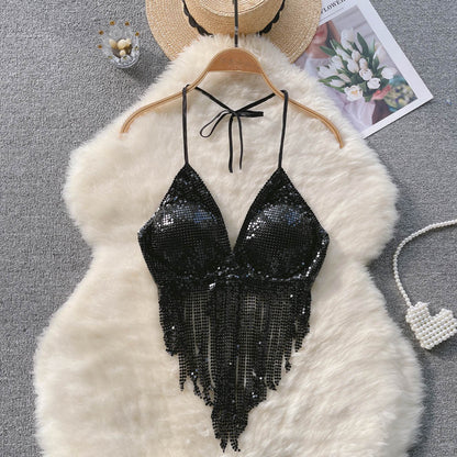 Disco Sequin Halter Vest with Long Tassels