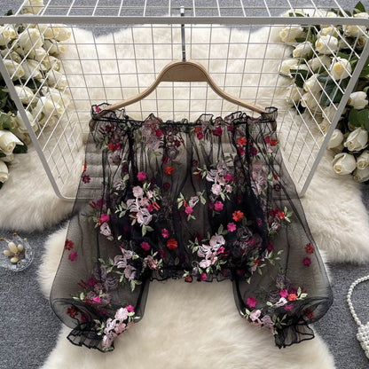 Delicate Floral Embroidery Neckline Blouse