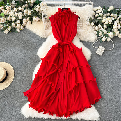 Solid Color Ruffled Sleeveless Dress
