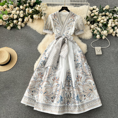 Courtly V-neck Bow Floral Dress