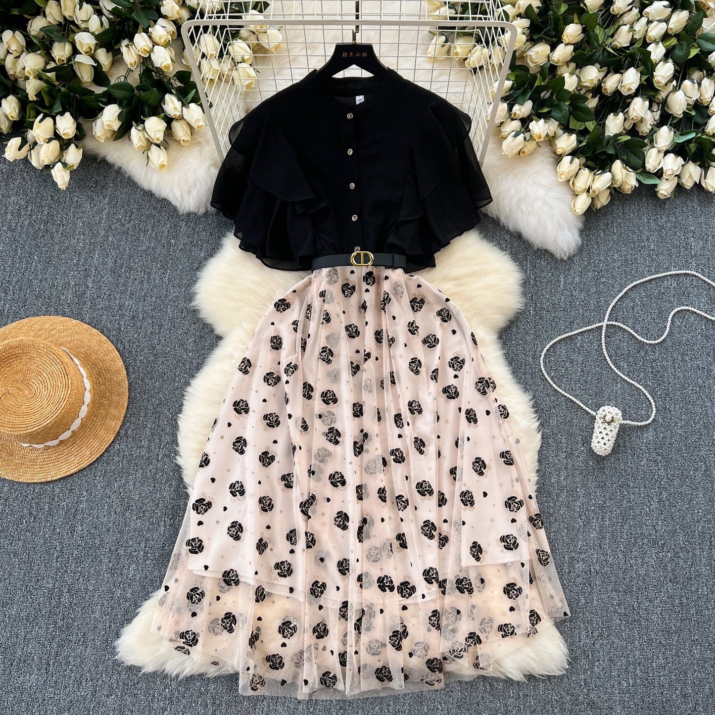 Floral Patchwork Black Shirt Dress