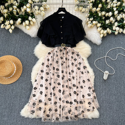 Floral Patchwork Black Shirt Dress