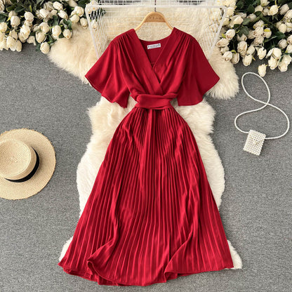 Chiffon Pleated Solid V-Neck Dress